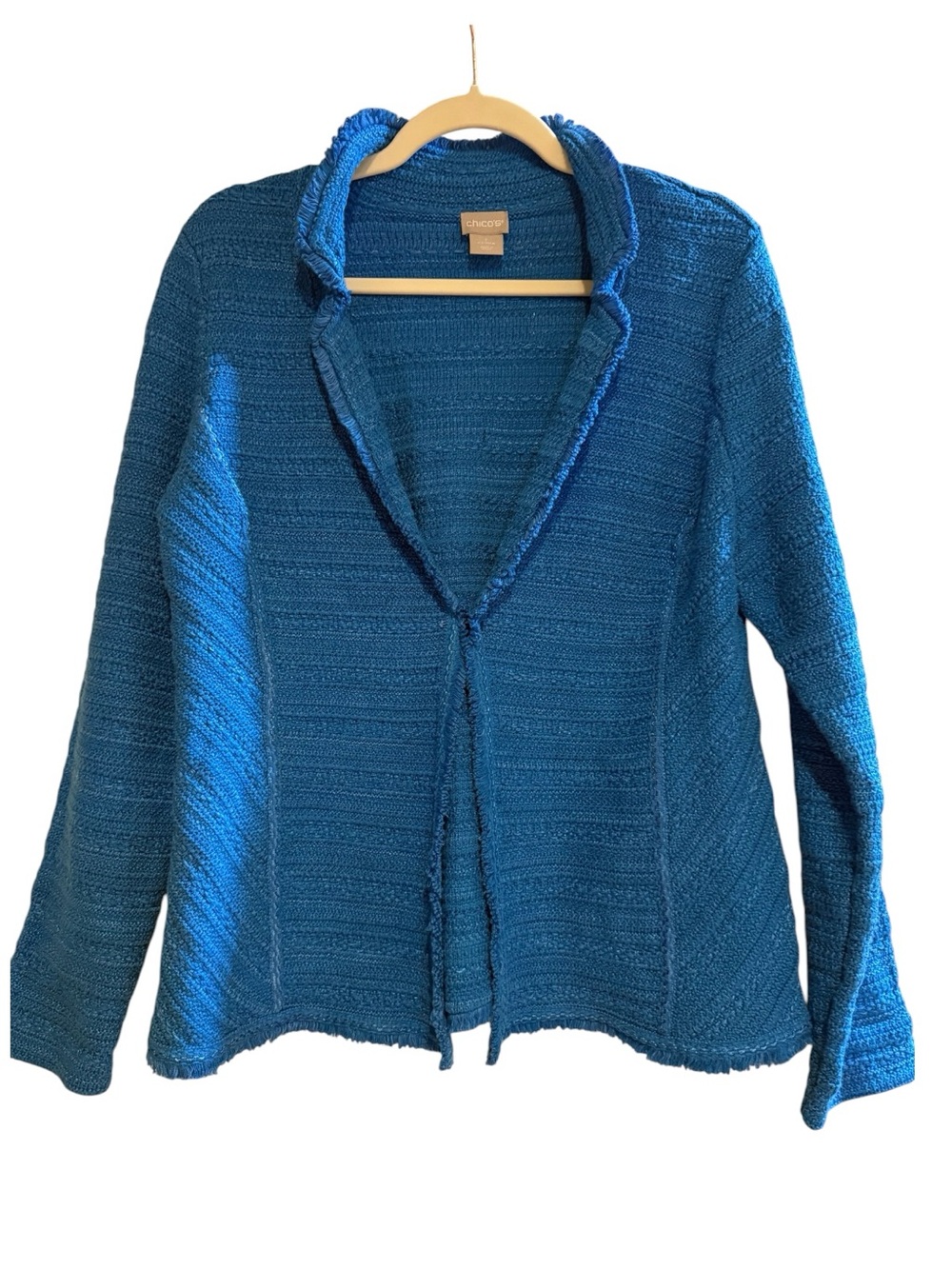Chico’s Size 1 Blue Teal Textured Knit Fringe Cardigan Jacket medium